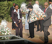 Former President of Botswana Festus Mogae laying a wreath at Kigali Genocide memorial centre on Tuesday. (Photo F Goodman)