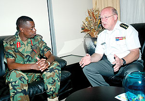 Gen. James Kabarebe (L) with his Belgian counterpart Gen. Charles Henri Delcour at Kigali international Airport on the latteru2019s arrival yesterday. (Photo/ J. Mbanda)