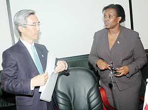 Japanese Ambassador to Rwanda, Shigeo Iwatani,  with Foreign Affairs Minister Rosemary Museminari. (Photo J Mbanda)