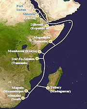 The East Africa fibre optic cable network.