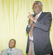 NEC Chairman, Chrysologue Karangwa, stresses a point at a press conference on Tuesday. (Photo J Mbanda)