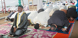 The Mufti, Sheikh Saleh Habimana leading the Eid El Fitr prayer yesterday.  (Photo / J Mbanda).