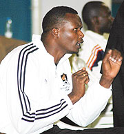 APR women volleyball coach Paul Bitok giving a few tips to his team. (File photo)