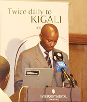 Rwanda Ambassador to Kenya George Kayonga giving his speech during a cocktail organized by Rwandair 