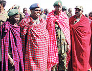 Chiefs of Defence from armies of EAC partner states are dressed in Masai shukas given to them by residents of Arkatani village, Monduli. (All Photos / G. Muramira)
