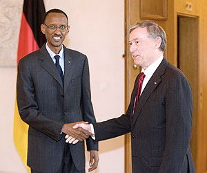 President Kagame with German President Horst Ku00f6hler in Berlin yesterday (Photo Urugwiro Village)