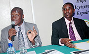 Culture and Sports Minister Joseph Habineza and Executive Secretary of the anti Genocide Commission (CNLG), Jean de Dieu Mucyo, during the launch of the Commission Report on wednesday. (Photo J Mbanda)