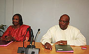 Speaker Rose Mukantabana and Burkinau2019s Speaker,Roch Marc Christian Kabore, at the Burkina faso Parliament.