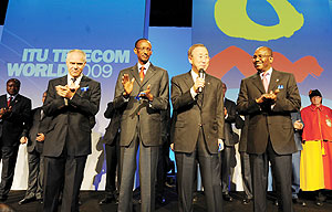 President Paul Kagame at the ITU summit in Geneva yesterday. He is flanked by UN Secretary General Ban Ki Moon and ITU Secretary General Dr. Hamadoun Toure (Photo/ Urugwiro village) 