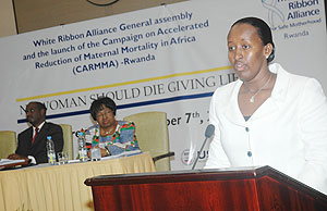 First Lady Jeannette Kagame speaking at the launch of the Campaign for Accelerated Reduction of Maternal Mortality in Africa (CARMMA) yesterday. (Photo J Mbanda)