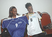 (L) Dr. Diane Gashumba and Sandra Idossou, proudly showing off the jerseys women will wear during the match. (Photo/ J. Mbanda)