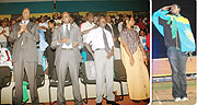 L-R : (Left) Minister Mitali, Minister Habineza, PG Ngoga and Vice-Mayor Gakuba thrilled by Alphau2019s moving speech;Alpha salutes his fans gathered at the Stadium.