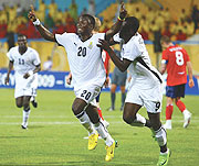Ghana players celebrate a goal against Hungary on the semifinal on Tuesday. If the African champions overcome Brazil, they will be the first African team to win the Fifa U-20 World Championship.