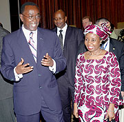 Prime Minister, Bernard Makuza, talks to UN Deputy Secretary General, Asha-Rose Migiro, at Serena Hotel yesterday. (Photo/ J. Mbanda)