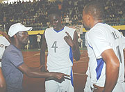 KVC players getting some tips from their coach Jean Marie Nsengiyumva during the Carreu2019du2019AS final against APR. KVC lost the contest 2-3. (File photo)