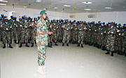 Gen Kabarebe addressing the Rwandan UNMIS Contigent in Khartoum yesterday. (Photo RDF)