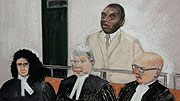 An artistic impression on sentenced genocidaire Du00e9siru00e9 Munyaneza in a Canadian court