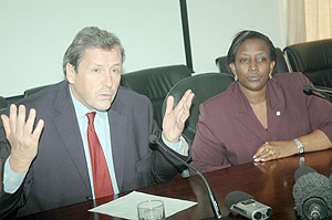 UN Under Secretary General in charge of peace keeping operations Alain Le Roy (L) with Foreign Affairs Minister, Rosemary Museminari, addressing the Press on Monday.(Photo J Mbanda)