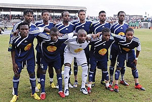 T.P. Mazembe team pose before the first leg final match of the Orange CAF Champions League