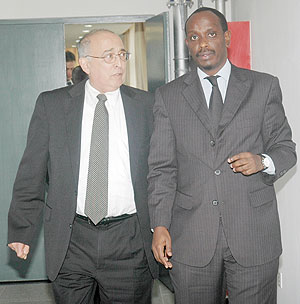 Health Minister, Dr.Richard Sezibera, and Dr. Howard Wolpe, after the meeting at the Foreign Affairs Ministry yesterday. (Photo/ J. Mbanda)