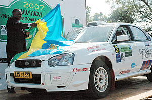 RAC boss Dismas Kayibanda flagging off Zimbabweu2019s  Rautenbach Conrad during the 2007 Rwanda Mt. Gorilla rally. (File Photo)