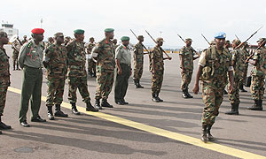 RDF troops on arrival at Kigali International Airport from their service in Darfur yesterday (Courtsey Photo)