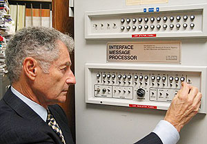 Professor Leonard Kleinrock poses with the first Interface Message Processor. He could never imagined Facebook, Twitter, or YouTube that day 40 years ago when his team gave birth to the internet. (AFP/ getty images)