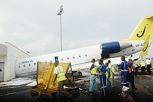 The Rwandair aircraft that crash landed into the Kigali International Airportu2019s VIP lounge yesterday. (Photo/ J.Mbanda)