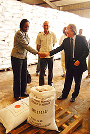 THANK YOU:  Minster Agnes Kalibata receiving the consignment from Hiroshi Murakami of JICA Rwanda office yesterday. (Photo/ I. Niyonshuti)