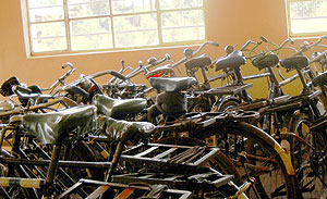Bicycles which were impounded from cyclists who had ignored the ban in Mukarange Sector Kayonza district earlier this month. (File photo)