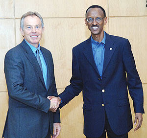President Kagame with former British Prime Minister, Tony Blair, yesterday. (Urugwiro village)