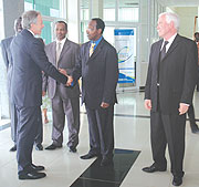Former UK Prime Minister Tony Blair is received by Energy Minister Albert Butare at RDB where he witnessed the signing of the Bio-diesel deal.(Photo/ F. Goodman)