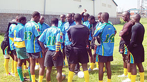 Silverbacks team brainstorms ahead of one of their games in last weeku2019s Mak10s tournament in Kampala. (Photo / E. Kabera)