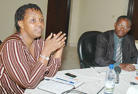 Fracine Umurungi and Apollinaire Mupiganyi during a press briefing at Transparency Rwanda offices yesterday. (Photo/ J. Mbanda)