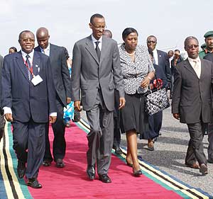 President Kagame arrives in Arusha for the EAC Summit yesterday. He is flanked by Rwandau2019s Ambassador to Tanzania, Fatuma Ndangiza, and John Chilligati, Tanzaniau2019s Minister for Urban Planning. (Photo Urugwiro Village)
