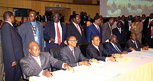 The five Heads of State of the EAC at the signing of the Common Market Protocol in Arusha, Tanzania yesterday (Photo Urugwiro Village)