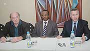 Marc Holtzman (R),  State  Minister Vincent Karega  and Alexksander Schneider during the press conference. (Photo/ J Mbanda)