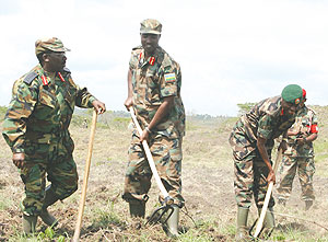 RDF Generals James Kabarebe (R), Charles Kayonga and Charles Muhire during the launch of the cassava planting project in Bugesera District.