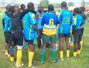 UP FOR THE CHALLENGE: Silverbacks having a pep talk during this yearu2019s Hima-Mak 10s tourney in Uganda. The team left for Kenya yesterday to take part in the Prinsloo Nakuru 7s. (File photo)