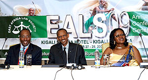 President Kagame with Monique Mukaruliza, Minister for East African Community and Dr. Alan Shonubi, President of the East Africa Law Society (EALS) at the opening ceremony of the 14th Annual East African Law Society Conference held in Kigali