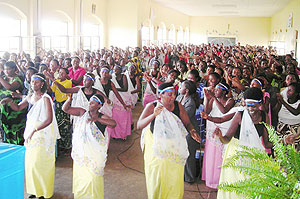 Women attending u201cItorerou201d in Gisagara district dancing to cultural songs. 