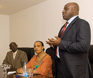 Commissioner General of Police Emmanuel Gasana addresses the Rwandese Diaspora in Sweden. He was flanked by the Ambassador to the Nordic Countries, Jacqueline Mukangira and Assistant Commissioner of Police, Felix Namuhoranye. (Photo/Rafiki Ubaldo)