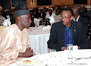 President Paul Kagame chats with Mufti Saleh Habimana in Serena Hotel yesterday. (Photo J. Mbanda)