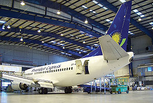 One of Rwandair branded carriers in a Nairobi hanger. (File Photo)
