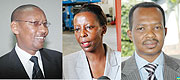 L-R : ELEVATED: John Rwangombwa;MOVED: Louise Mushikiwabo;FULL MINISTER: Vincent Karega