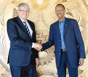 President Kagame with Mikael Grahne, CEO of Millicom International Cellular following the courtesy call at Urugwiro Village.(Photo/ Urugwiro Village)