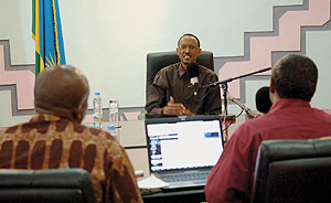 President Paul Kagame responding to questions from panelists during yesterdayu2019s live Radio talk show.  (Photo/ Urugwiro Village) 