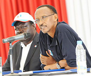 President Paul Kagame during yesterdayu2019s RPF convention at u2018Petitu2019 Amahoro Stadium.  President Kagame was re-elected Chairman of RPF while Christophe Bazivamo (left) was elected Vice Chairman of the party. (Photo Urugwiro Village ) 