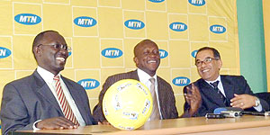 MTN CEO Khaled Mikkawi (R), Sports and Culture Minister Joseph (C) Habineza and MTN COO Andrew Rugege addressing the media on Monday at Amahoro stadium.(Photo / B. Mugabe)