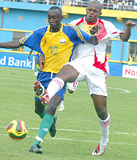 Yusuf Ndayishimye battles with a Mali defender during the African Youth Championship in January. The Rayon Sport striker scored five goals for the senior Amavubi side at the just ended Cecafa Challenge Cup.